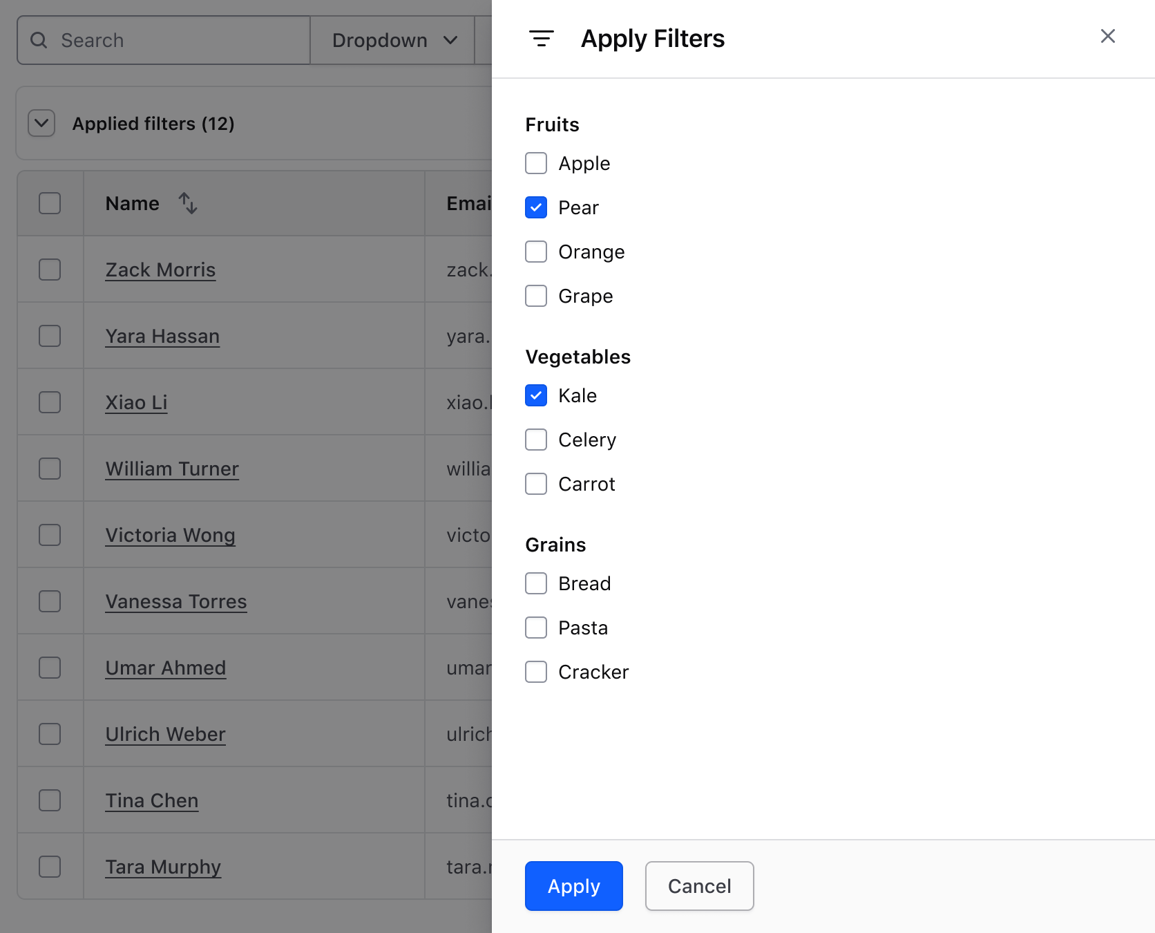 Display the overflow of filter parameters within a Flyout